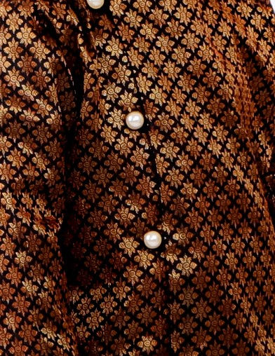 Thumbnail: Boys Banarsi Silk Black Sherwani with Maroon Dhoti