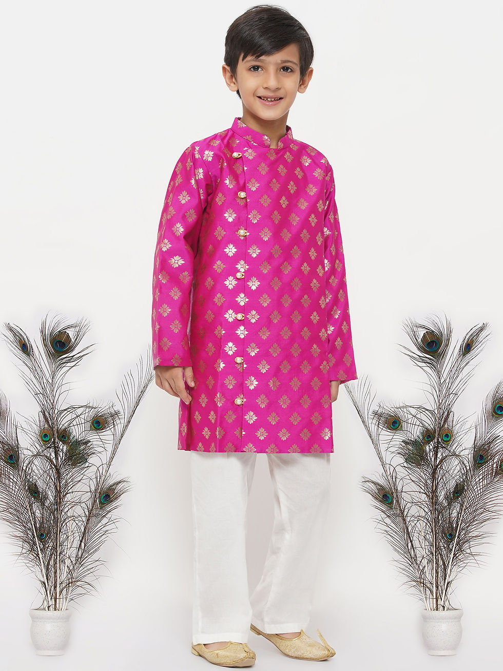 Boys Banarsi Silk Sherwani with Pyjama - Magenta