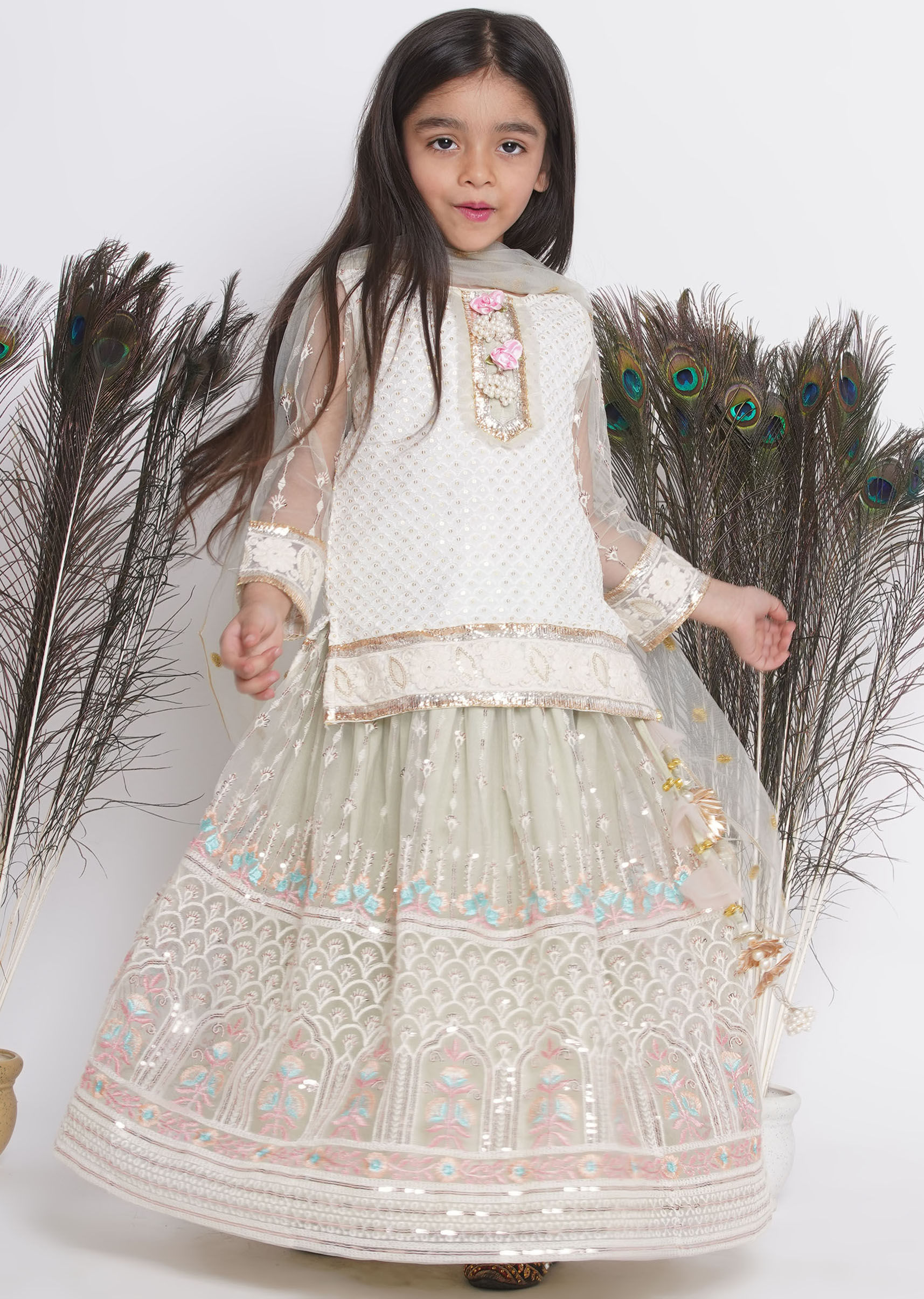 Floral Work Green Lehenga with Floral Embroidery Kurta and Dupatta