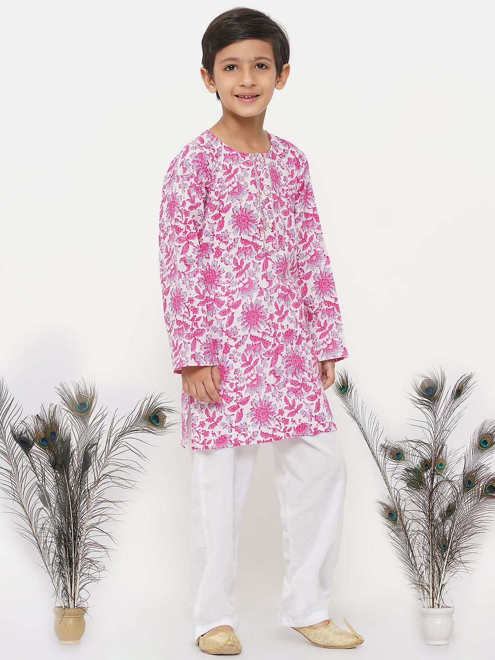 Thumbnail: Boys  Cotton Thread work Floral Kurta with Pearl Buttons and Pyjama