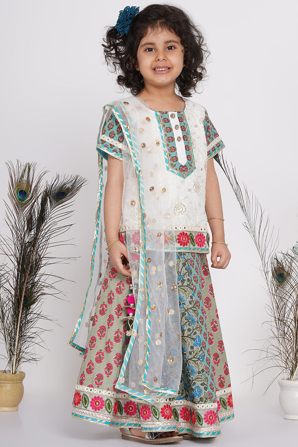 Girls Cotton Floral Embroidery Kurta with Kali Work Lehenga and Tussel work