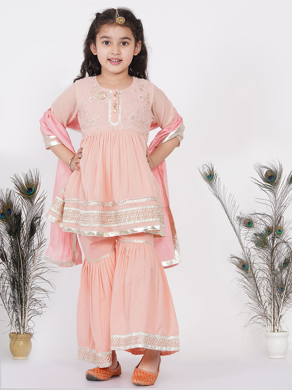 Girls Gotta Patti work Kurta frock with Sharara and Dupatta