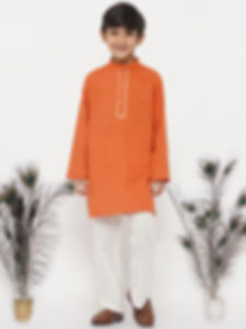 Boys Cotton Kesari Kurta with Pearl Buttons and Pyjama