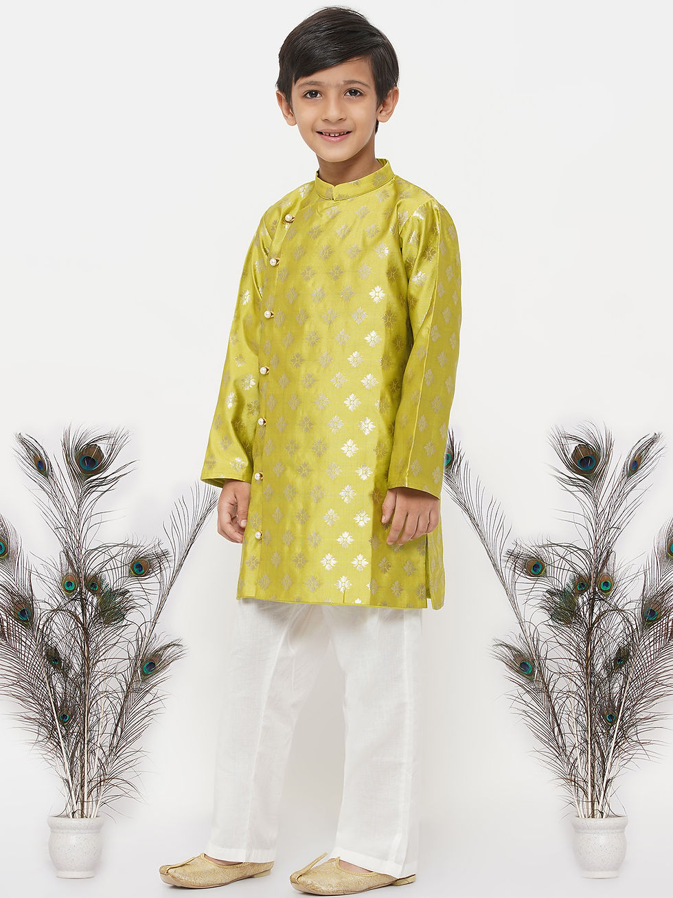 Boys Banarsi Silk Sherwani with Pyjama - Green