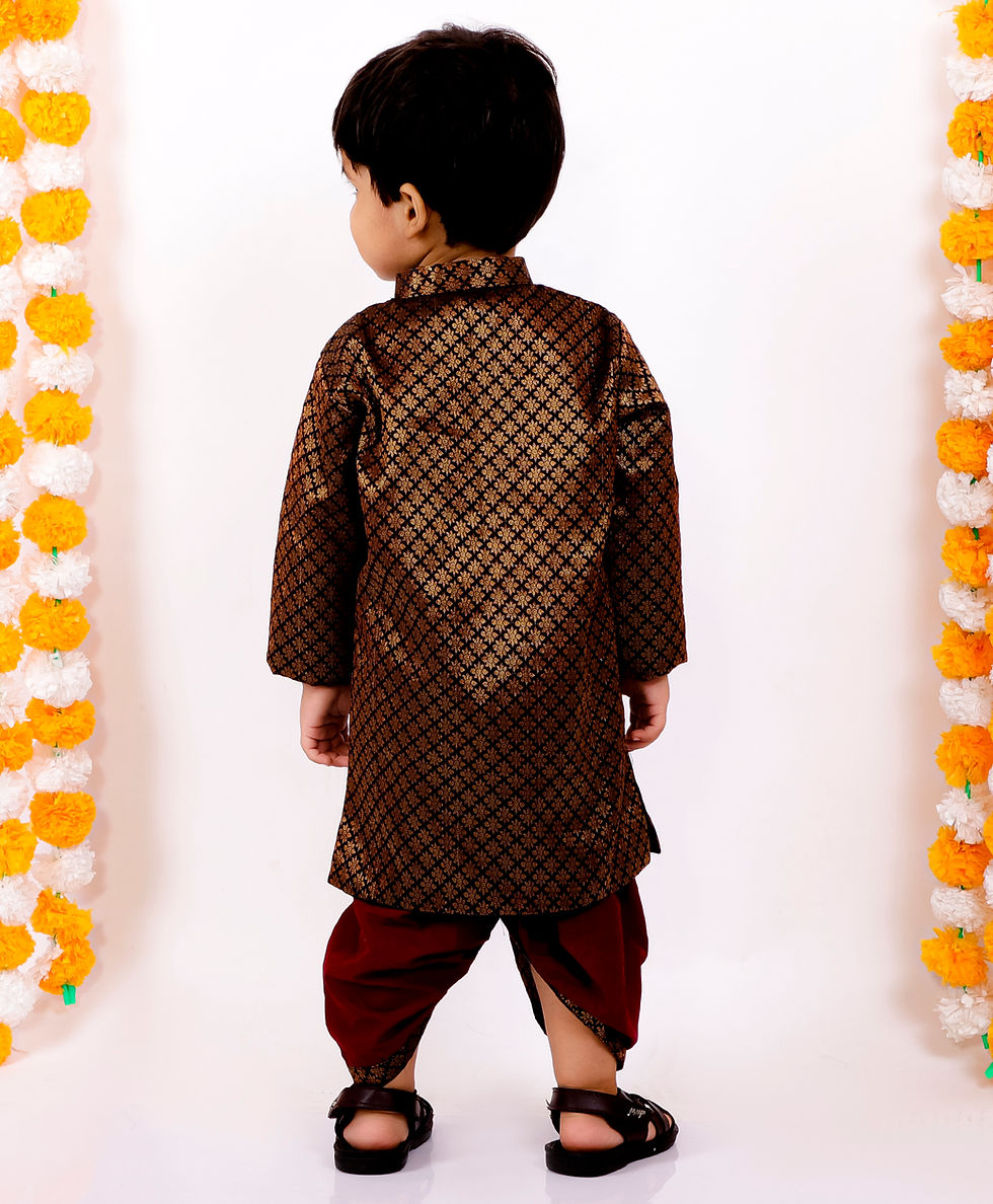 Thumbnail: Boys Banarsi Silk Black Sherwani with Maroon Dhoti