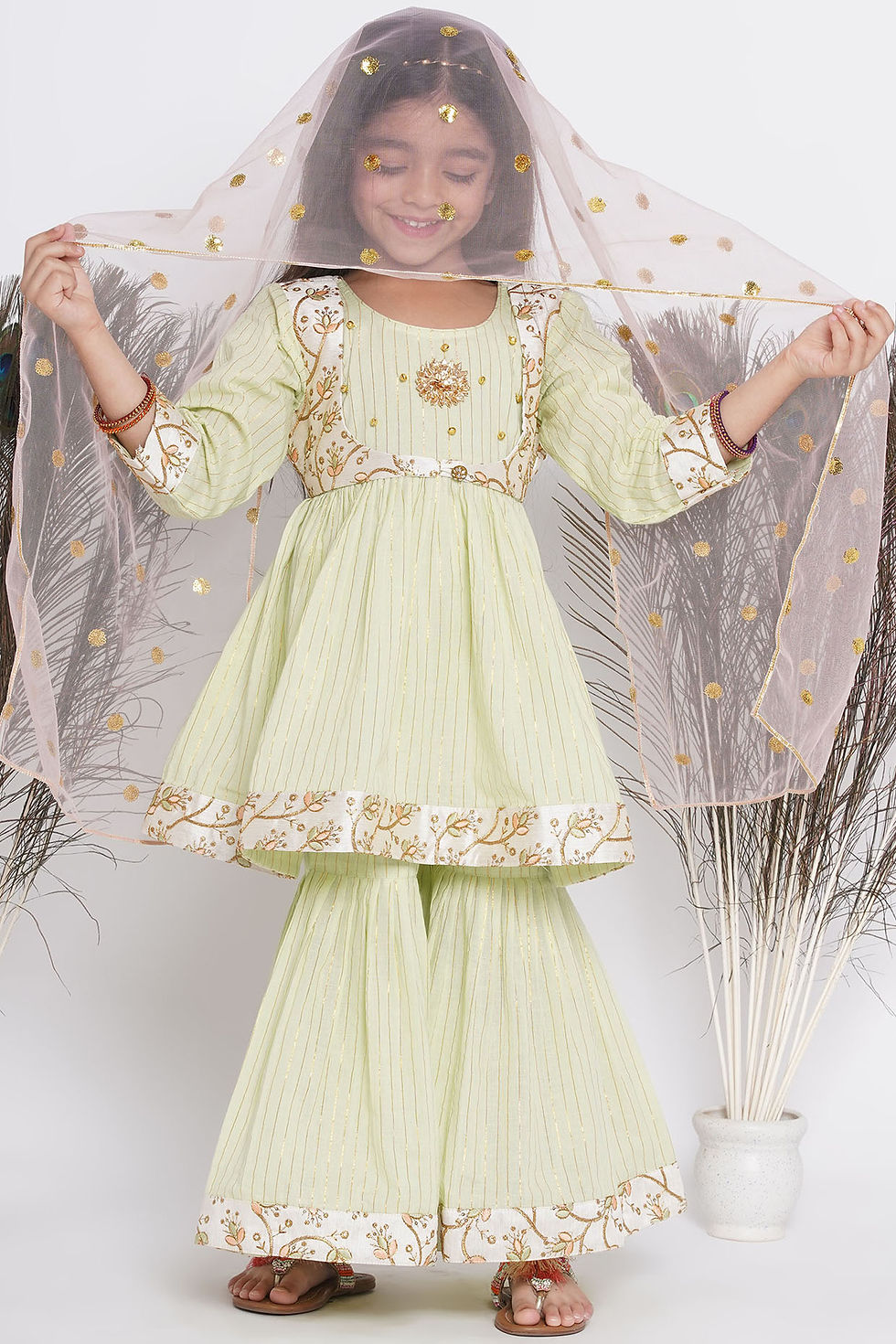 Floral Embroidery Jacket with Cotton Lurex Frock Sharara and Dupatta