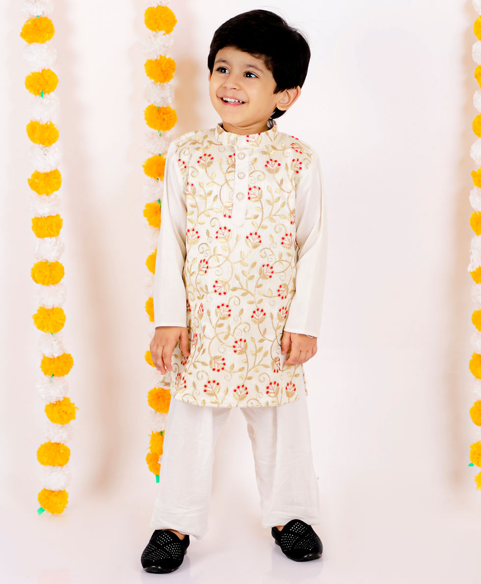 Boys Banarsi Silk Floral Kurta with Pearl Buttons and Pyjama