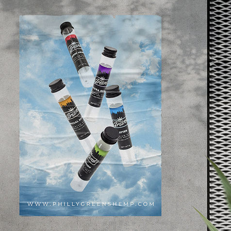 Philly Greens Product Advertisement: Pre-roll Flower Packaging & Billboard Graphic Advertisement