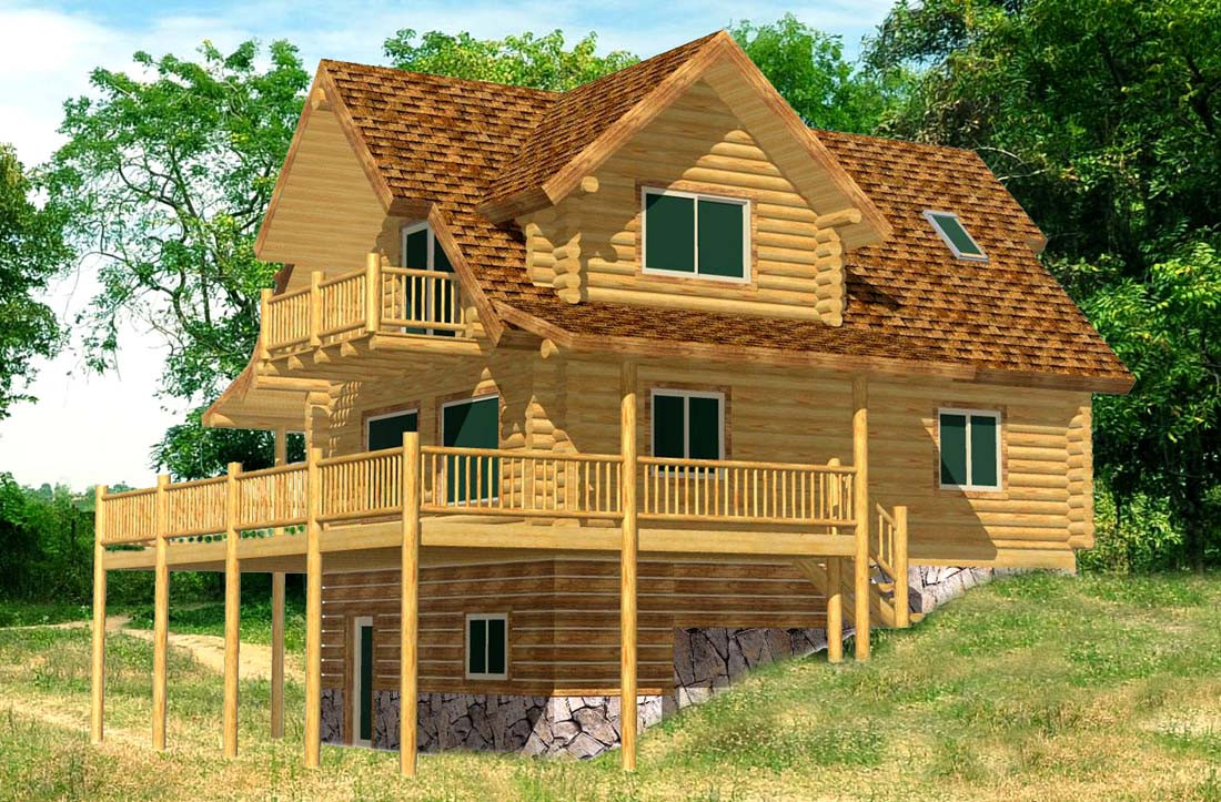 glacier majestic log cabin home plan big dormers balcony garage in basement