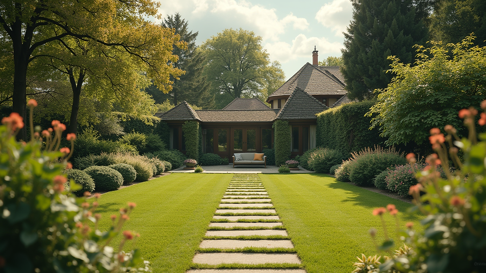 Wide angle view of a garden with chemical-free seating