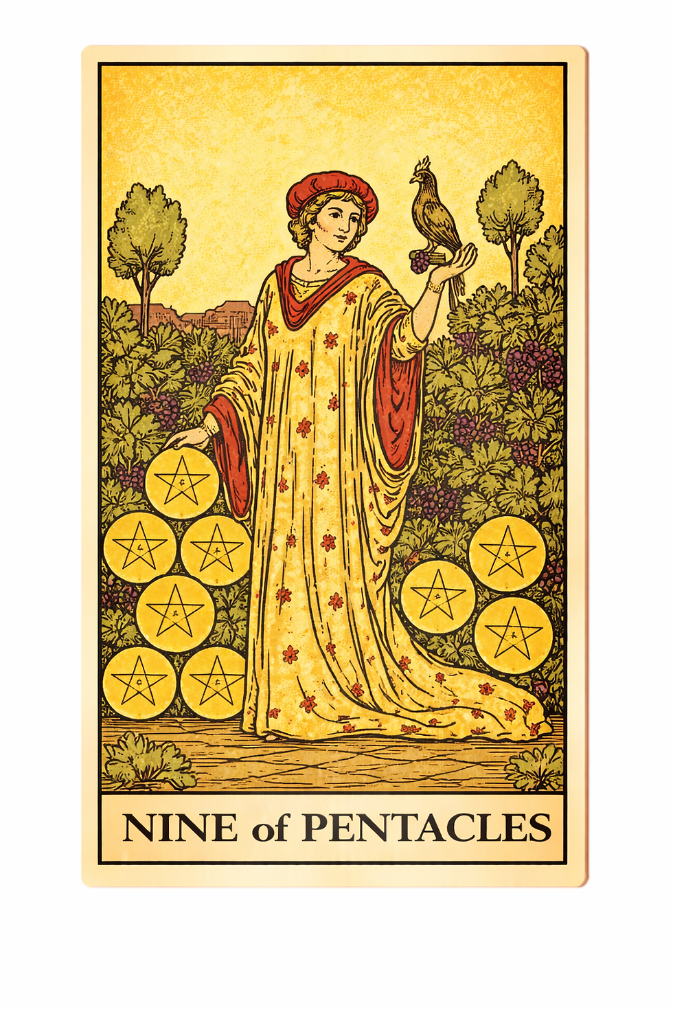 Tarot card Nine of Pentacles: a woman in a gold robe stands in a vineyard, holding a bird, with nine pentacles and text below