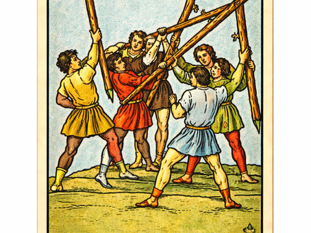 Five figures in colorful outfits wield wooden wands in conflict under a blue sky. "FIVE of WANDS" text below. Energetic and dynamic scene.