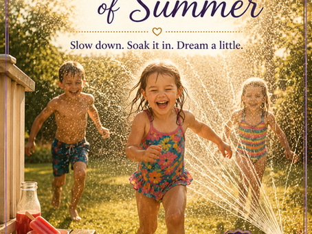 Three kids run through a sprinkler on a sunny lawn, smiling, in a summer blog cover reading The Dog Days of Summer.