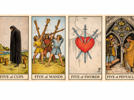 Four tarot cards: Five of Cups shows a cloaked figure with tipped cups, Five of Wands has people clashing sticks, Five of Swords pierces a heart, and Five of Pentacles depicts figures in a church.