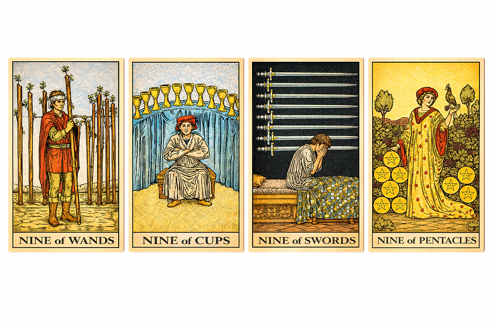 Four tarot cards: Nine of Wands, Cups, Swords, and Pentacles, showing figures with staffs, cups, swords, and coins.