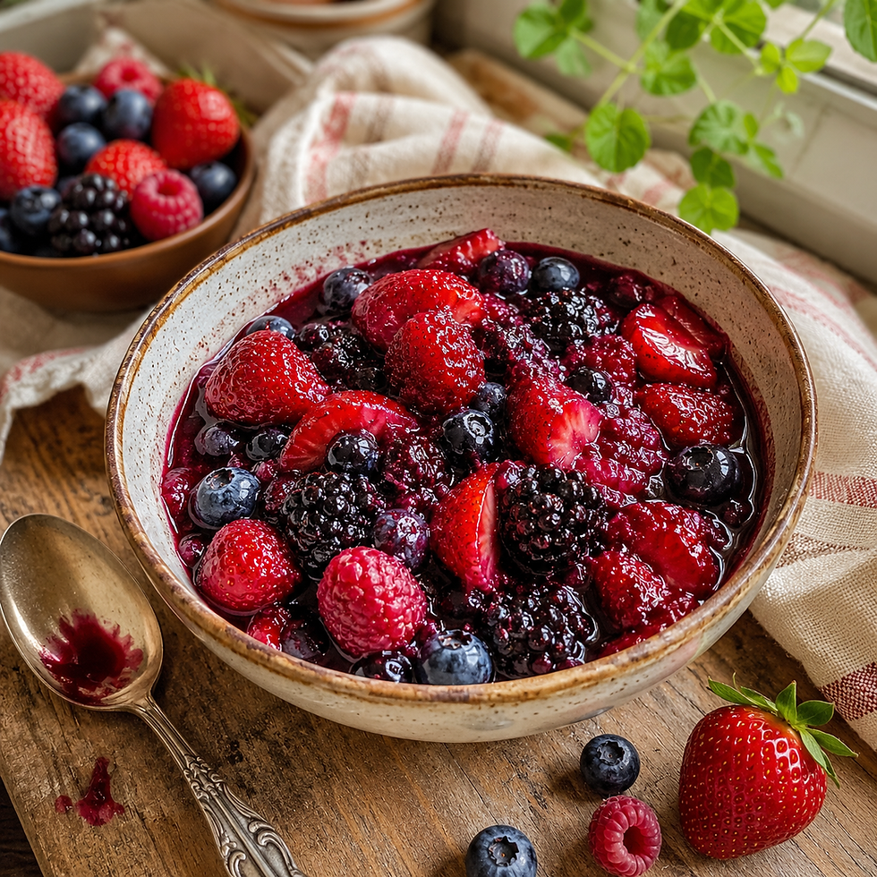 Bowl of mixed berries—strawberries, raspberries, and blueberries—on wooden table, next to spoon and cloth. Bright, fresh, and appetizing.