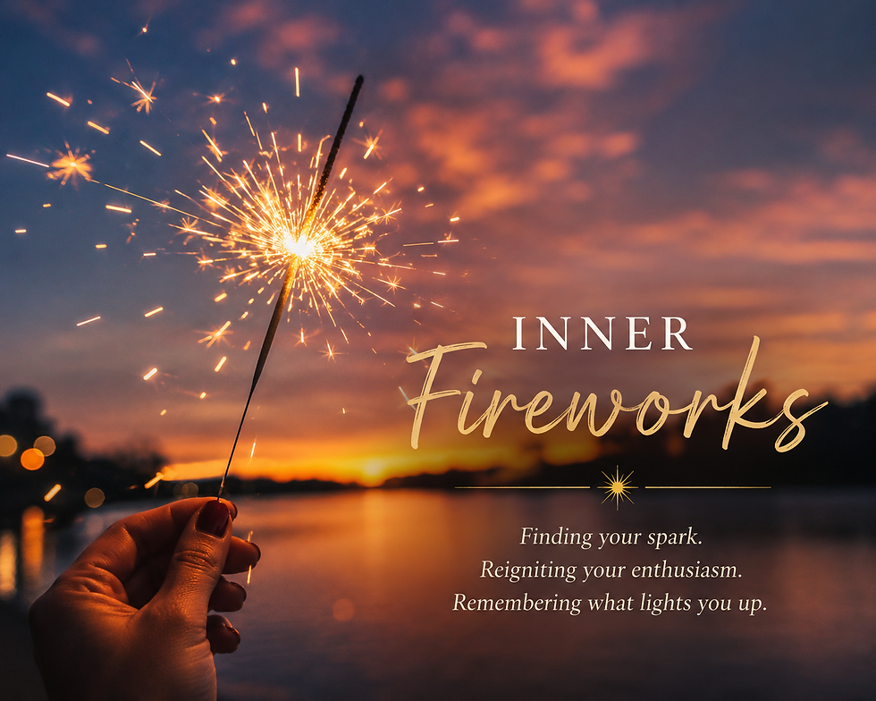 Hand holding lit sparkler at sunset over water; text reads INNER Fireworks and Finding your spark, an inspirational mood.