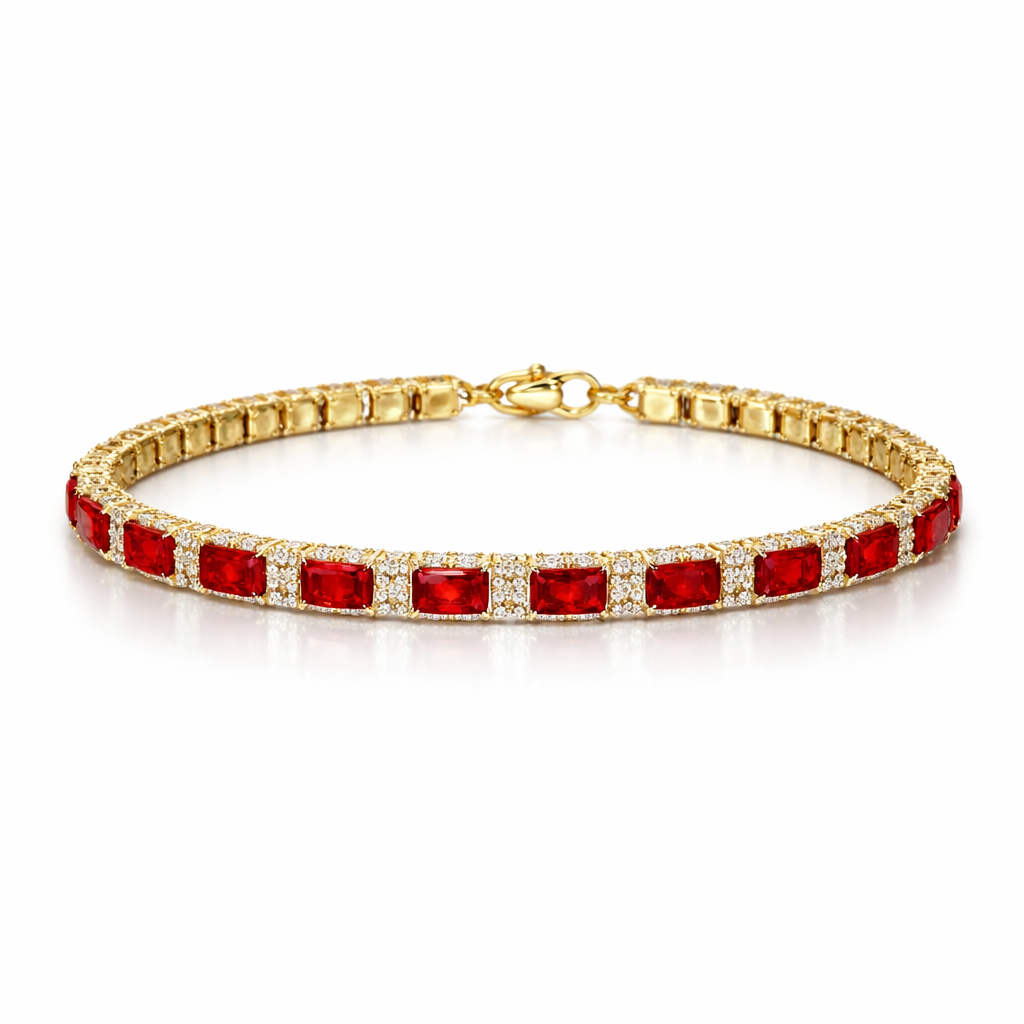 Ladies Red Zirconia Bead Bracelet, KC Gold Plated, Elegant Adjustable Gift
