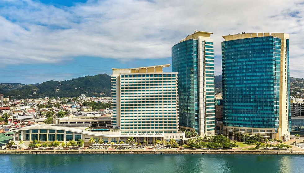 Waterfront view of Trinidad Hyatt Hotel
& Conference Center which hosts many carnival travelers and is home to the popular Hyatt Lime event during the busy carnival season.