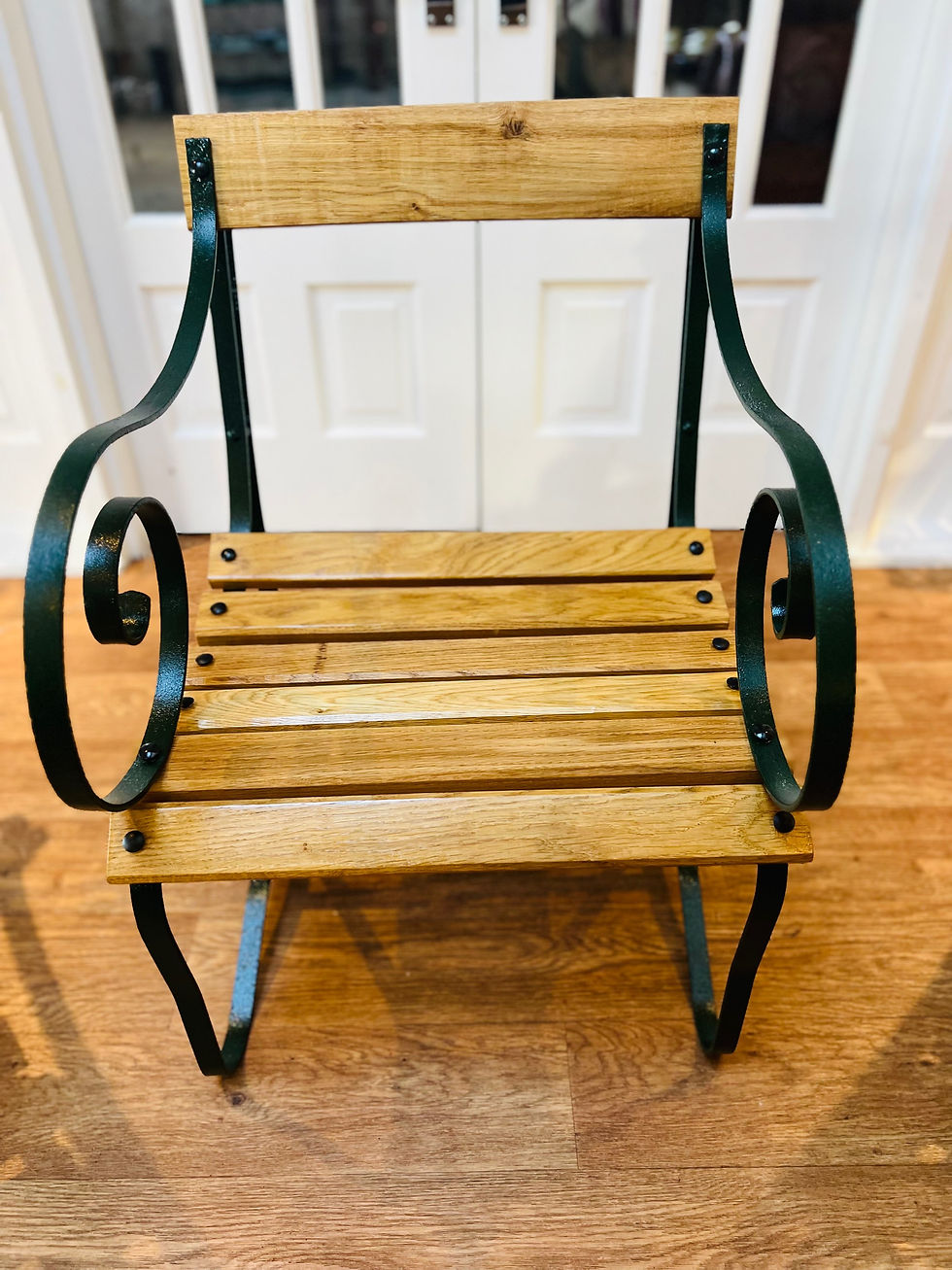 Thumbnail: Set of 3 Scrolling Wrought Iron and Oak Chairs