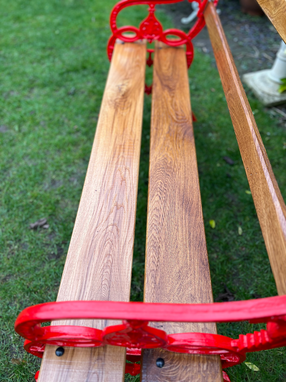 Thumbnail: Red Cast Iron Bench with Oak Planks
