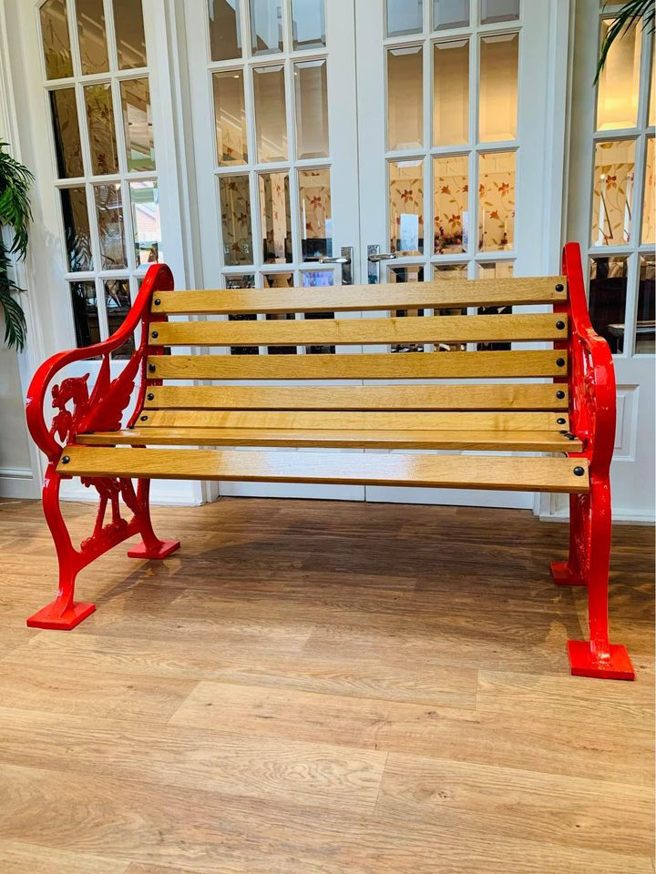 Thumbnail: Cast Iron Garden Bench Oak Liverpool Seat Chair LFC Beatles Liverbird