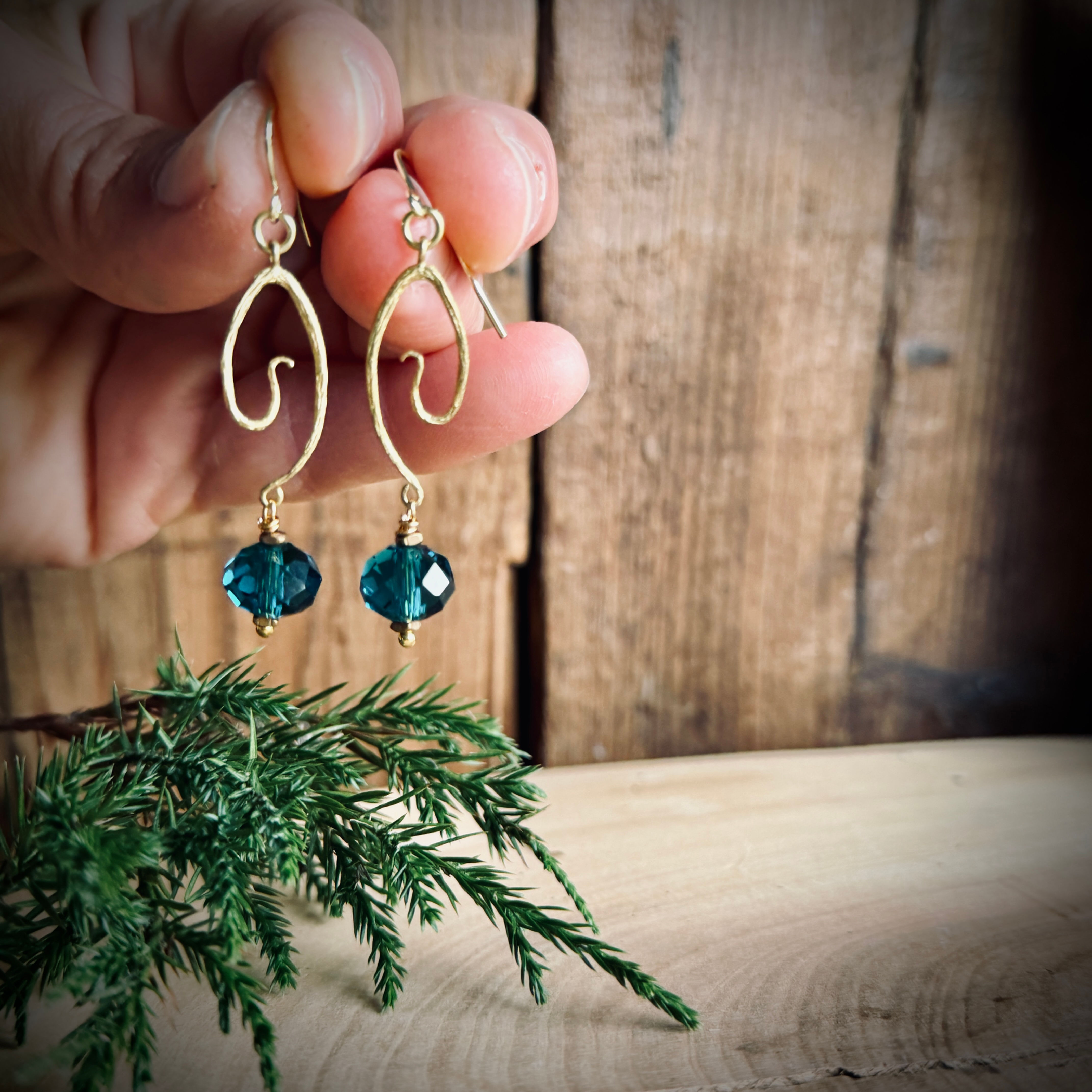 Blue Pine-Brass and Crystal Earrings 