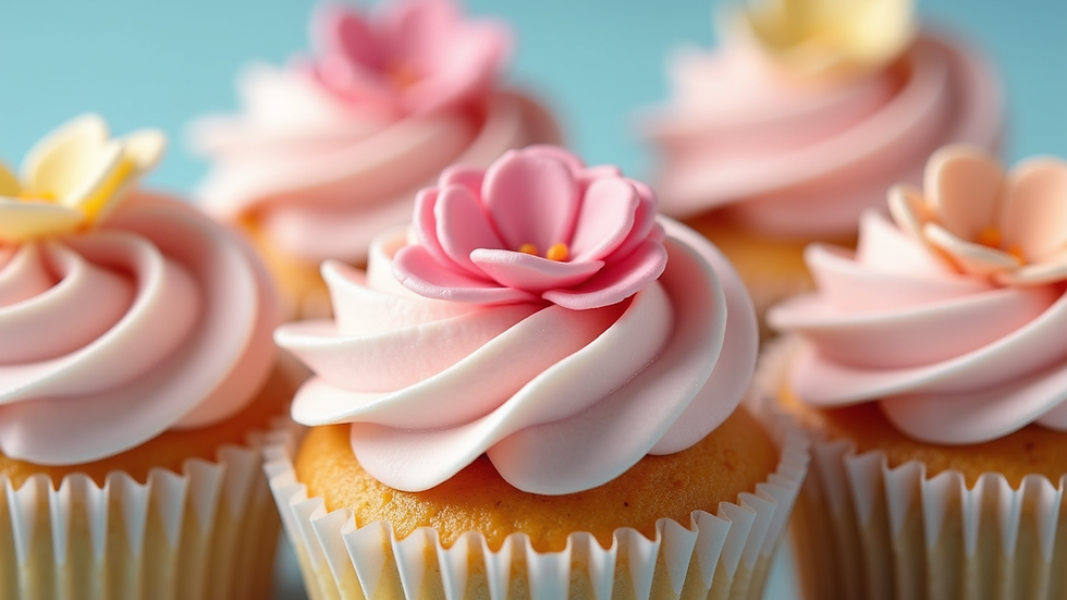 Close-up view of pastel-colored cupcakes with floral decorations