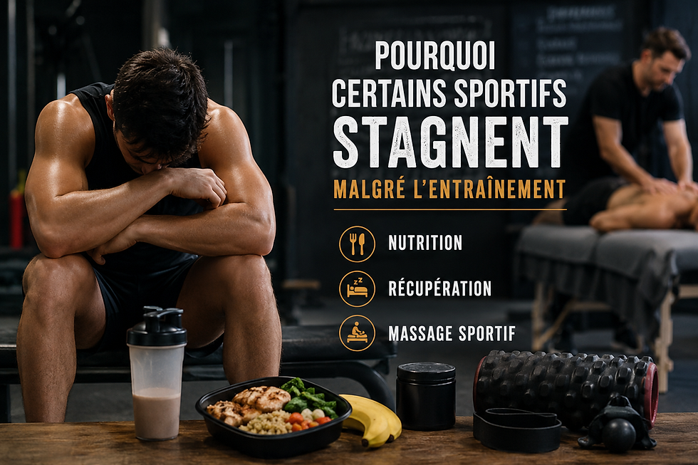 Sportif épuisé en salle de sport devant une boisson et une assiette de nutrition.