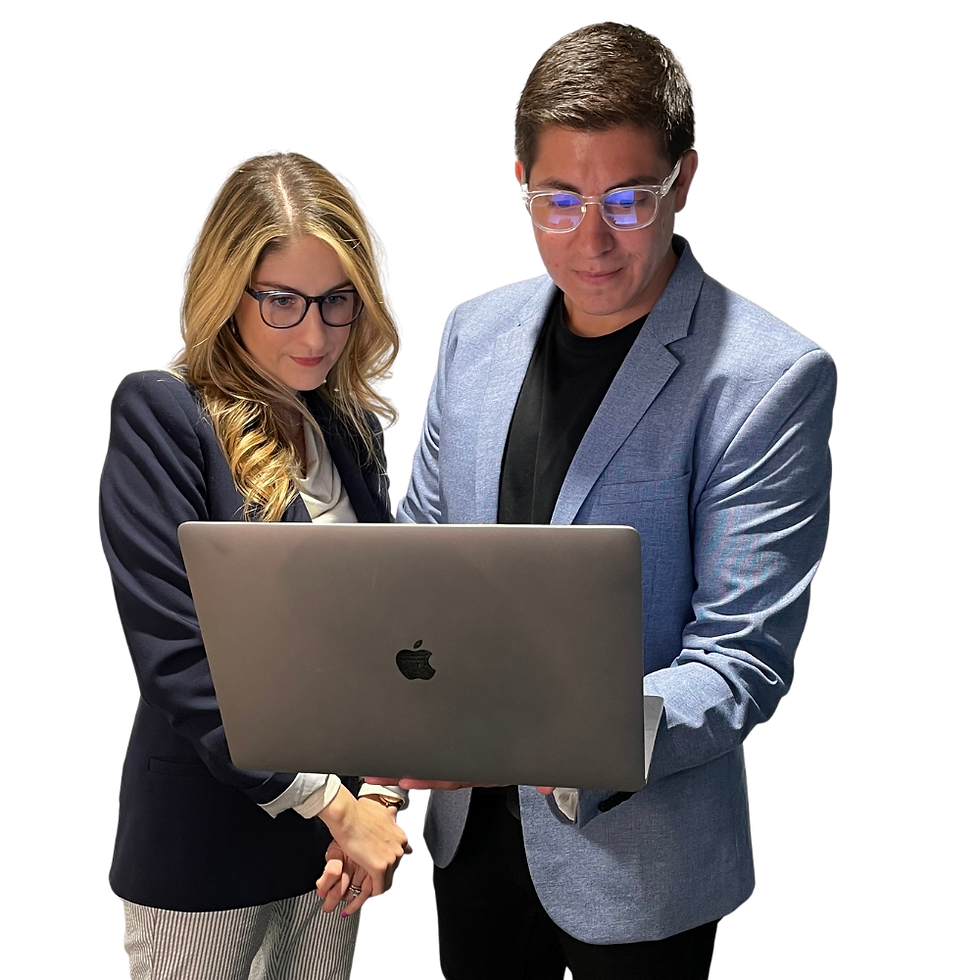 Robert and Kelly from RHM collaborating on a laptop, representing hands-on social media management services.