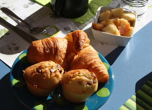Petit déjeuner maison de l'Acampadis chambre d'hôtes Sud Ardèche composé de café, thé, baguette, fruits de saison de nos producteurs, confiture maison, une surprise chaque matin, ce jour là muffins maison