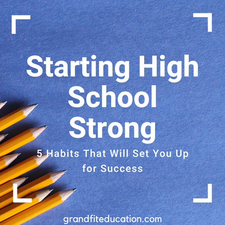 Graphic with pencils and the text "Starting High School Strong: 5 Habits That Will Set You Up for Success" on a blue background.