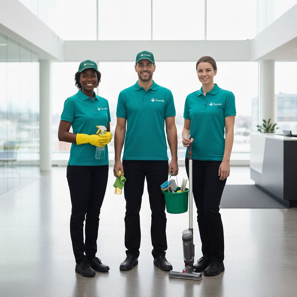 Three cleaners in uniform with cleaning supplies