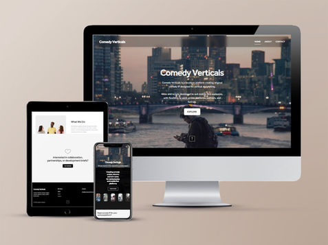 Comedy Verticals website on desktop, tablet, and mobile.