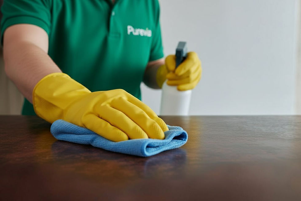 Pureia employee cleaning a table with gloves and cloth