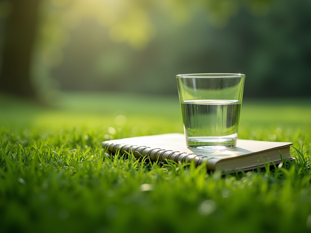 A beautiful linen journal rests on green grass next to a clear glass of water reflecting the sunlight.
