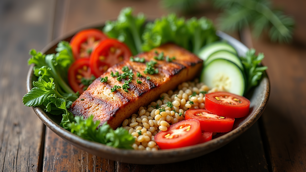 High angle view of a balanced meal with vegetables, grains, and protein