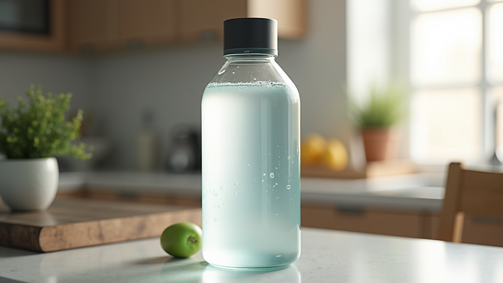 Eye-level view of a reusable water bottle filled with alkaline water on a kitchen counter