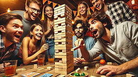 A boy pulls a block from the Jenga tower as his friends hold their breath, fearing the tower might collapse.
