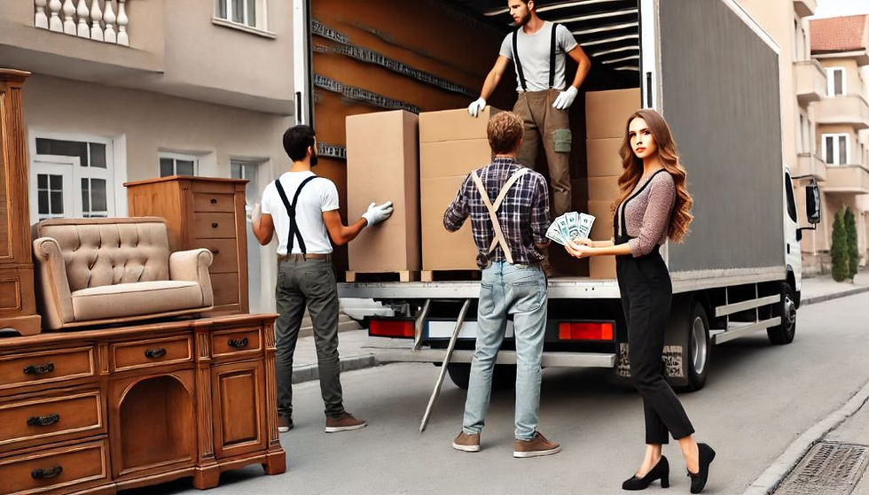 une equipe de debarrasseurs charge un camion et le client attent avec d'argent dans la main