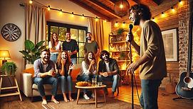 Un garçon parle dans un micro devant ses amis qui rient.