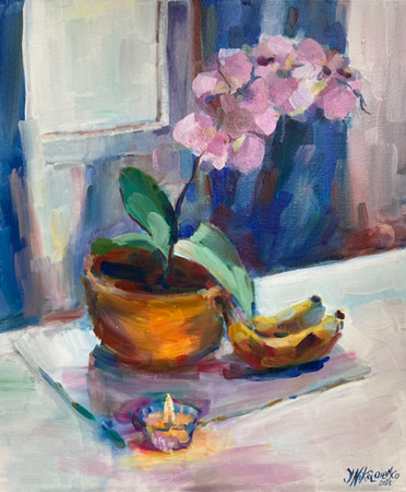 Still life with orchid bananas and candle Art print
