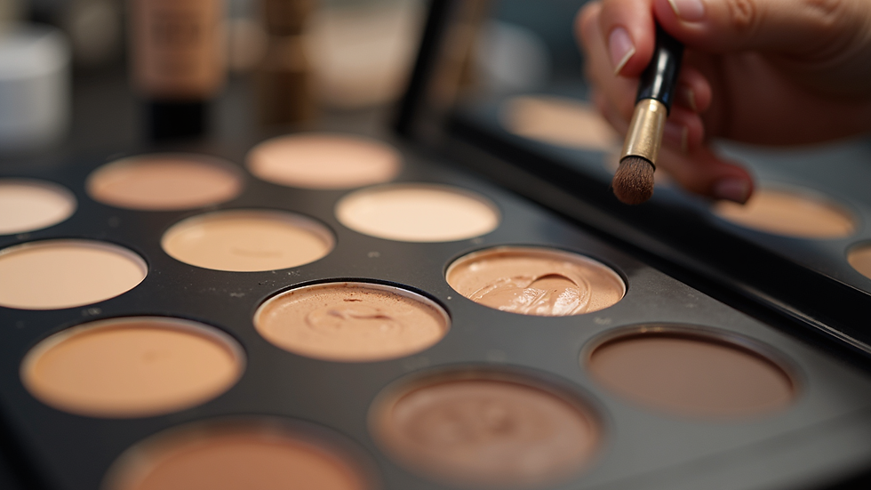 Eye-level view of makeup artist's palette with various foundation shades