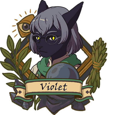 An avatar of Violet, an anthropomorphic cat with dark violet fur, and short silverlight hair with a choppy fringe.