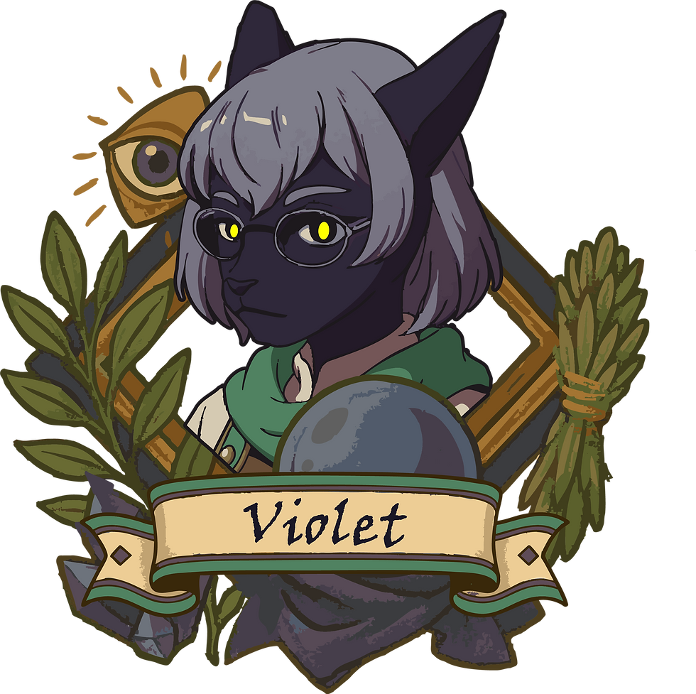 An avatar of Violet, an anthropomorphic cat with dark violet fur, and short silverlight hair with a choppy fringe.