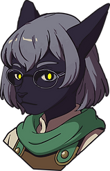 Violet, a cat witch with dark violet fur and a short silverlight haircut with bangs