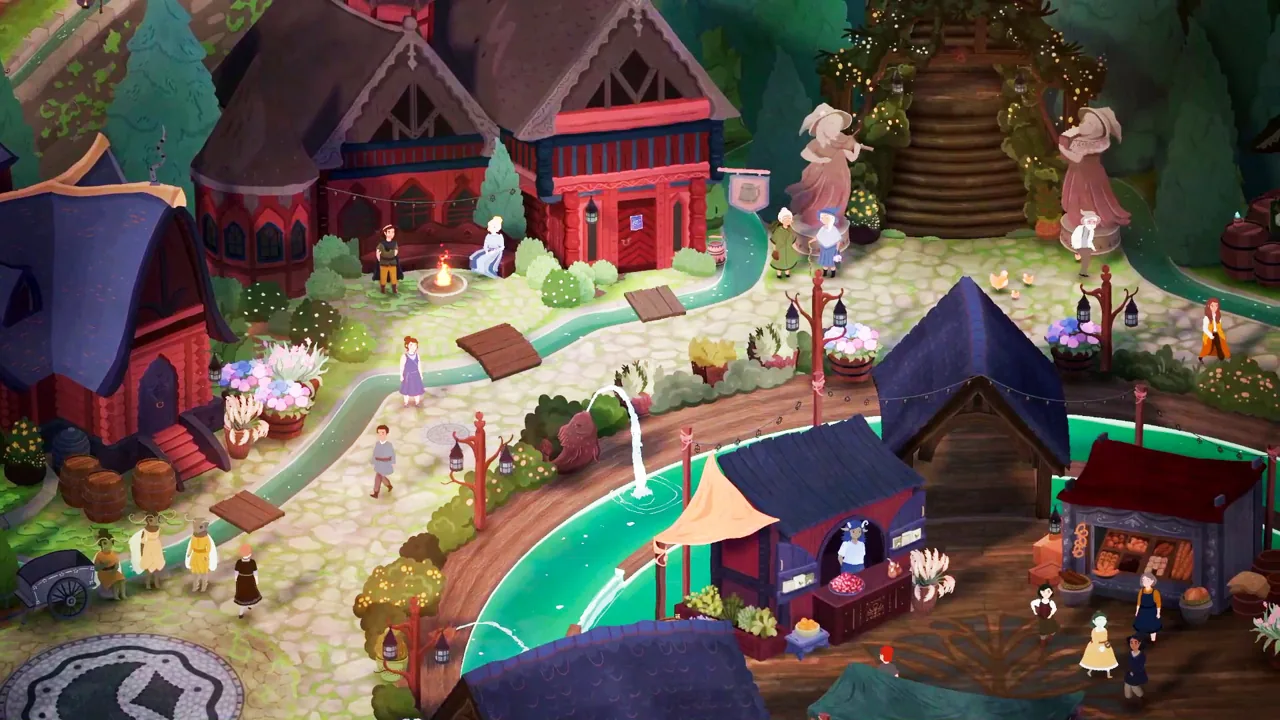 In game shot. A cute and quirky town with a green river flowing through the middle. Towns people walk around the market huts and red houses with thatched hooves.