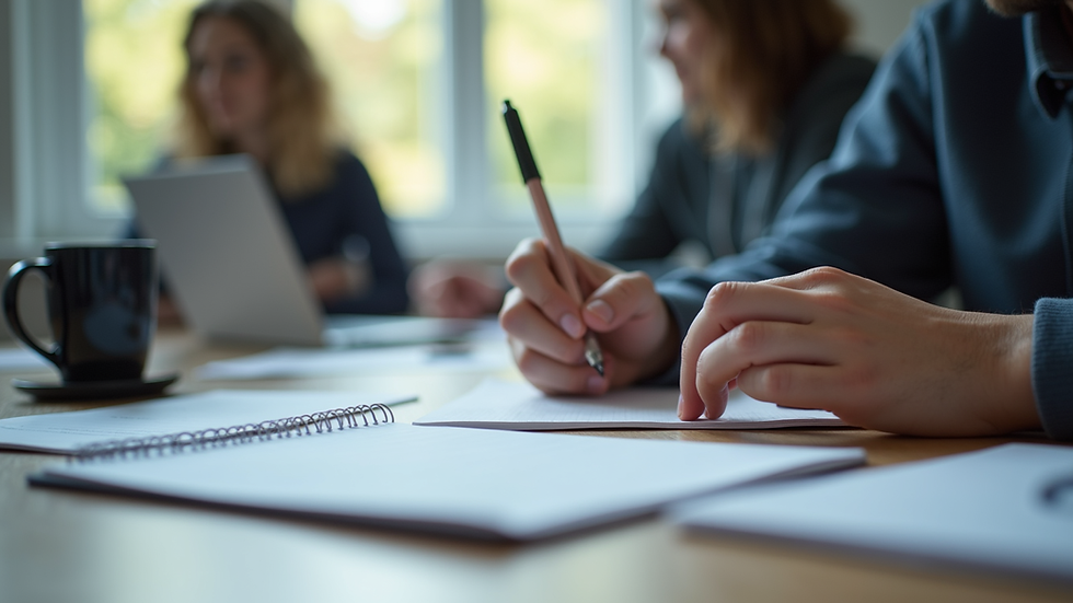 Close-up view of a student writing notes during a BTEC project session