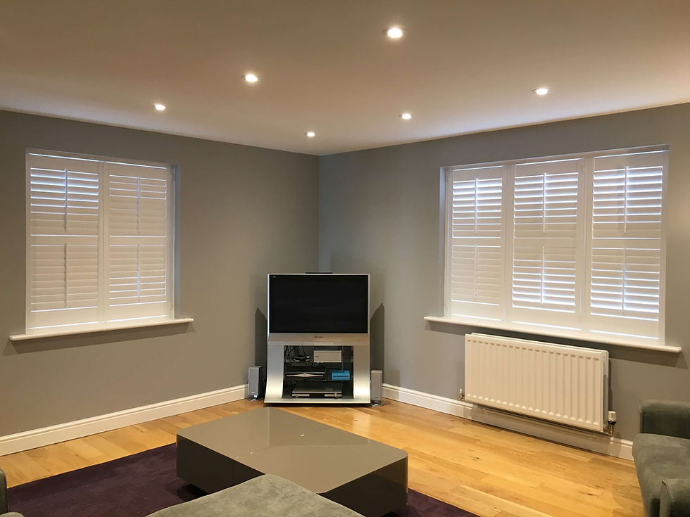Hardwood shutters fitted in a new build home in Suffolk by Miavalentina Interiors adding premium finish to a contemporary interior