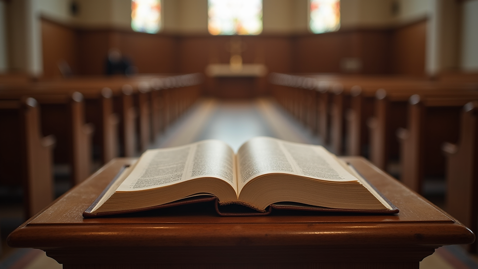 Close-up view of a Bible open on a wooden lectern in a church